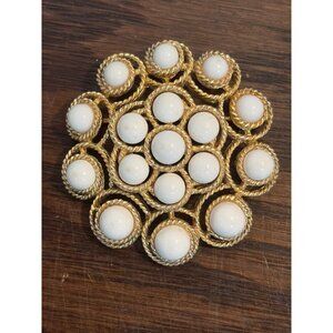 Vintage Trifari Gold-Tone Brooch White Cabochon Accents Elegant Round Floral